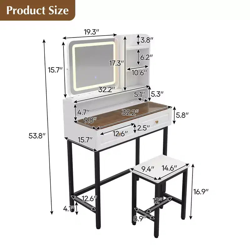 Whisen Makeup Vanity Desk, Modern Dressing Table Vanity with Mirror, 2 Drawers & Sturdy Metal Leg and Stool - White