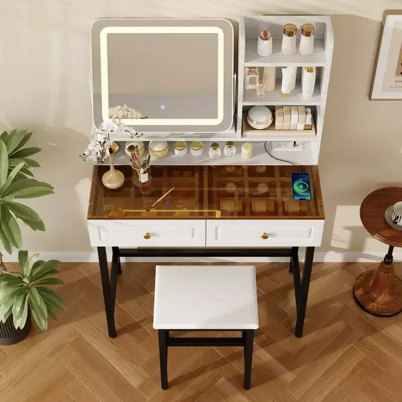 Whisen Makeup Vanity Desk, Modern Dressing Table Vanity with Mirror, 2 Drawers & Sturdy Metal Leg and Stool - White