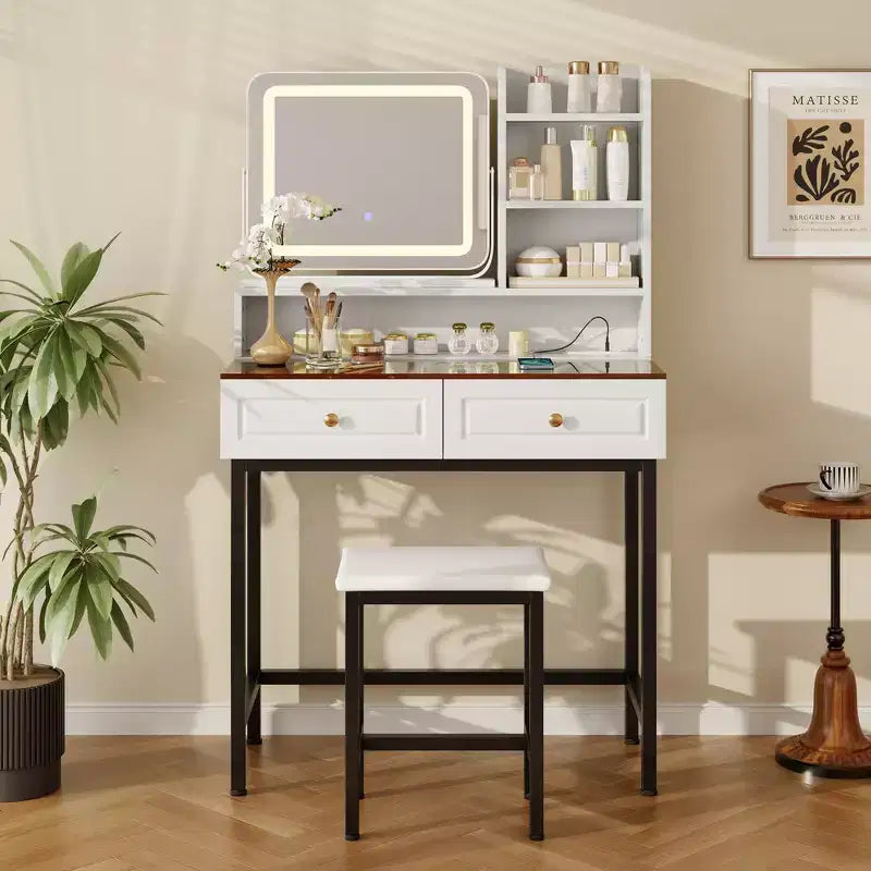 Whisen Makeup Vanity Desk, Modern Dressing Table Vanity with Mirror, 2 Drawers & Sturdy Metal Leg and Stool - White