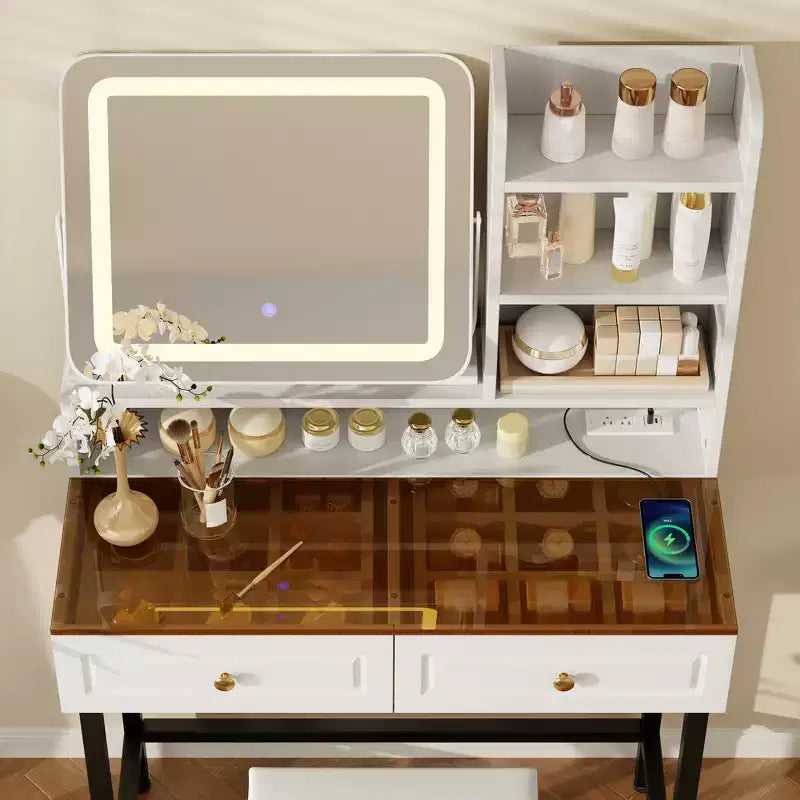 Whisen Makeup Vanity Desk, Modern Dressing Table Vanity with Mirror, 2 Drawers & Sturdy Metal Leg and Stool - White