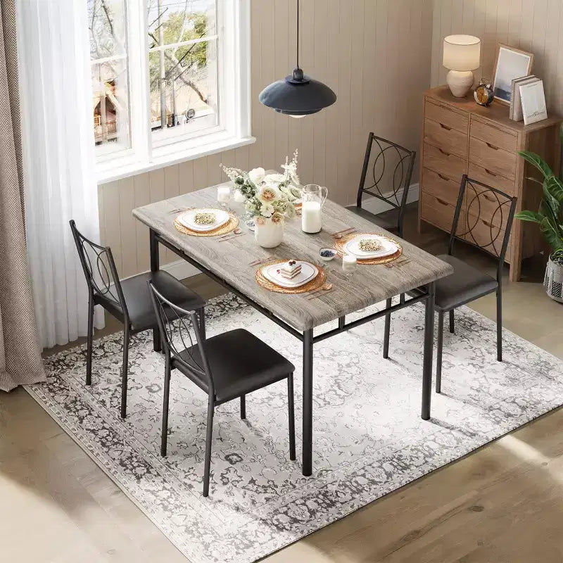 Farmhouse Dining Table Set for 4 - Dining Table with Upholstered Chairs, Wood Kitchen Table Set