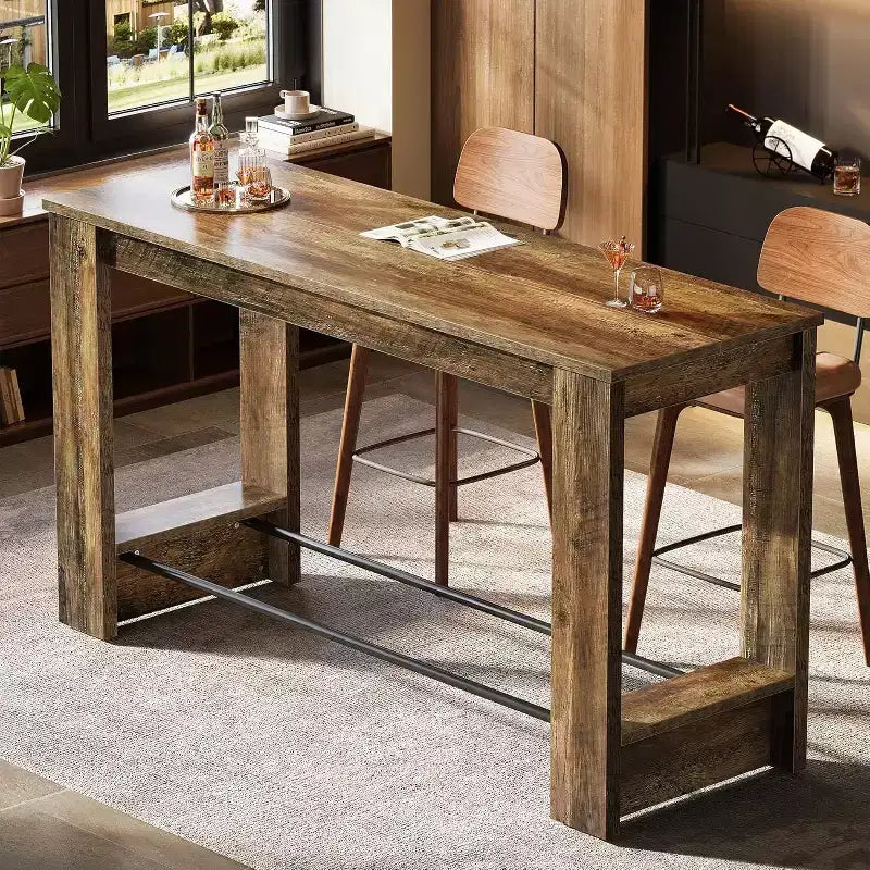 Lantine 63'' High Top Bar Table, 37.4'' Counter Height Pub Table with Metal Footrests, Long Home Bar Unit for Kitchen, Bistro, or Restaurant