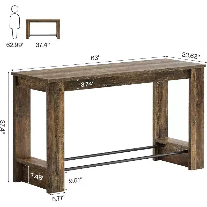 Lantine 63'' High Top Bar Table, 37.4'' Counter Height Pub Table with Metal Footrests, Long Home Bar Unit for Kitchen, Bistro, or Restaurant