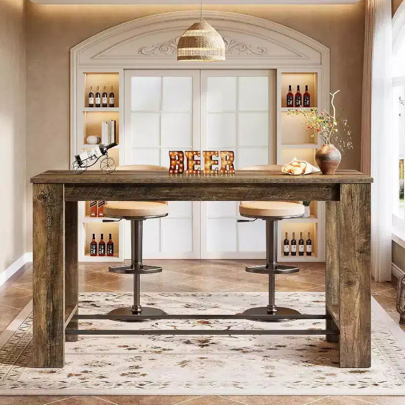 Lantine 63'' High Top Bar Table, 37.4'' Counter Height Pub Table with Metal Footrests, Long Home Bar Unit for Kitchen, Bistro, or Restaurant