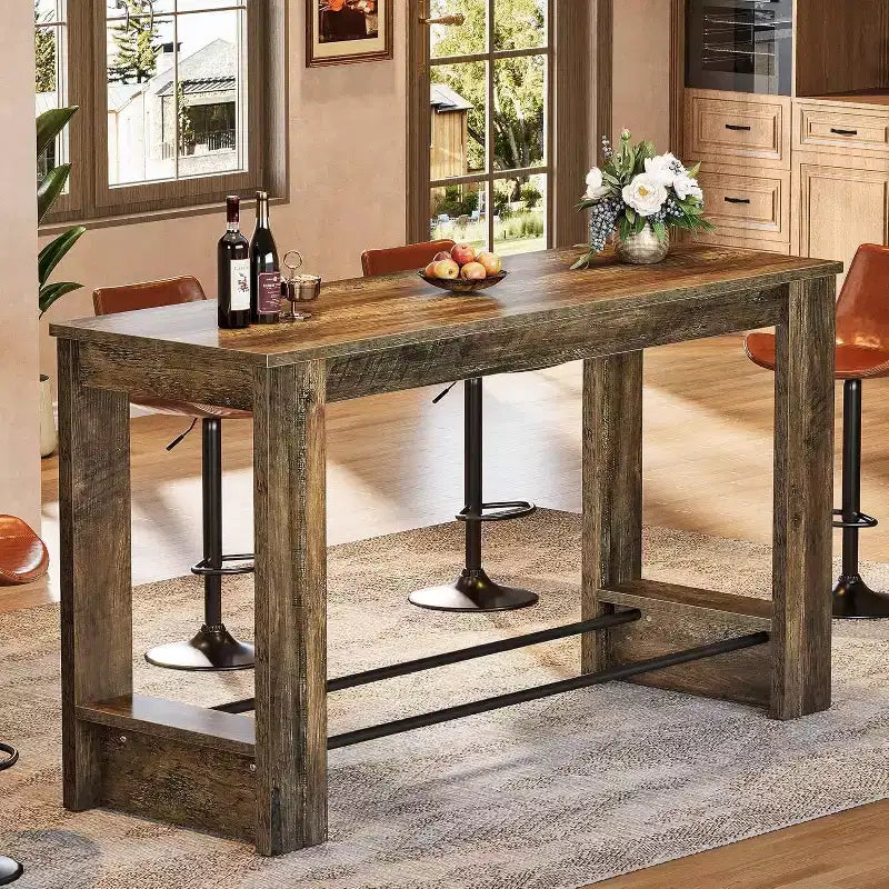 Lantine 63'' High Top Bar Table, 37.4'' Counter Height Pub Table with Metal Footrests, Long Home Bar Unit for Kitchen, Bistro, or Restaurant