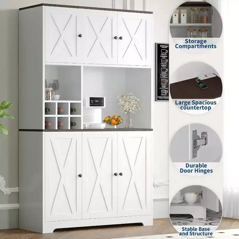 71 Tall Kitchen Pantry Cabinet, Modern Farmhouse Kitchen Storage Cabinet, Wine Rack, Freestanding Coffee Bar Station, for Dining Room, Living Room