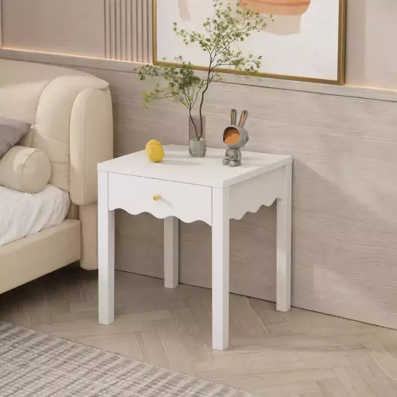 White Nightstand with Drawer, Modern Bedside Table with Wavy Apron Design, Compact End Table for Bedroom Living Room, Small Side Table with Storage