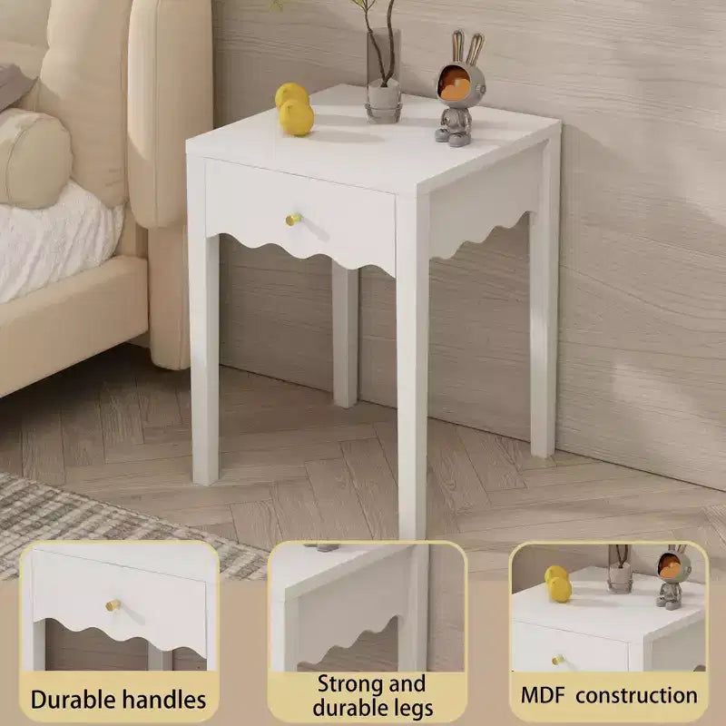 White Nightstand with Drawer, Modern Bedside Table with Wavy Apron Design, Compact End Table for Bedroom Living Room, Small Side Table with Storage