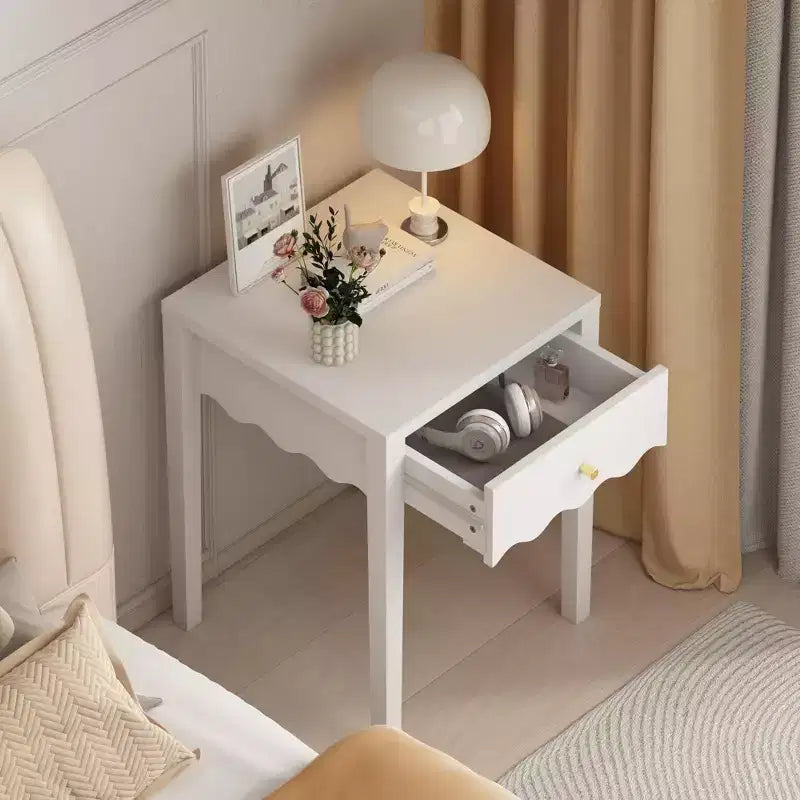 White Nightstand with Drawer, Modern Bedside Table with Wavy Apron Design, Compact End Table for Bedroom Living Room, Small Side Table with Storage