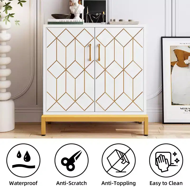 Buffet Cabinet, Modern Storage Cabinet with Doors & Shelves, 30.9W14.3D33.3H, White/Gold for Kitchen/Office/Dining/Living Room