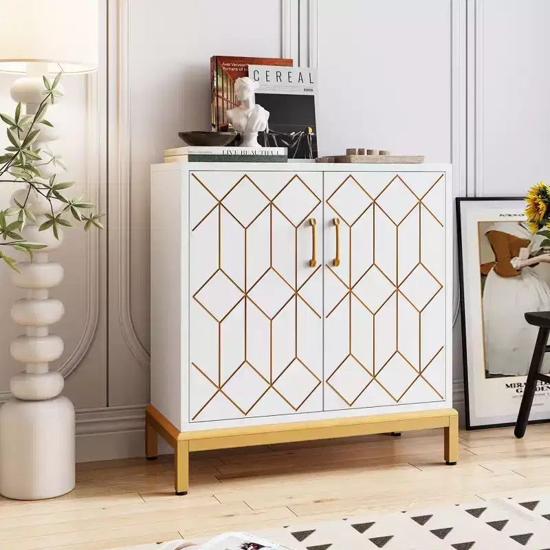 Buffet Cabinet, Modern Storage Cabinet with Doors & Shelves, 30.9W14.3D33.3H, White/Gold for Kitchen/Office/Dining/Living Room