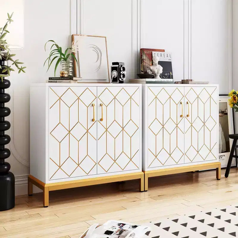 Buffet Cabinet, Modern Storage Cabinet with Doors & Shelves, 30.9W14.3D33.3H, White/Gold for Kitchen/Office/Dining/Living Room