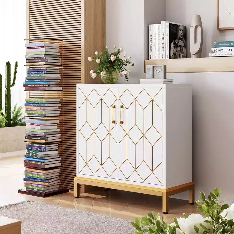 Buffet Cabinet, Modern Storage Cabinet with Doors & Shelves, 30.9W14.3D33.3H, White/Gold for Kitchen/Office/Dining/Living Room