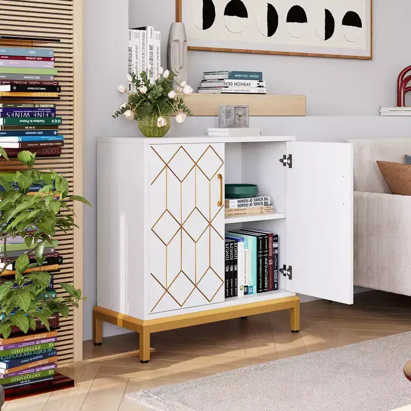 Buffet Cabinet, Modern Storage Cabinet with Doors & Shelves, 30.9W14.3D33.3H, White/Gold for Kitchen/Office/Dining/Living Room