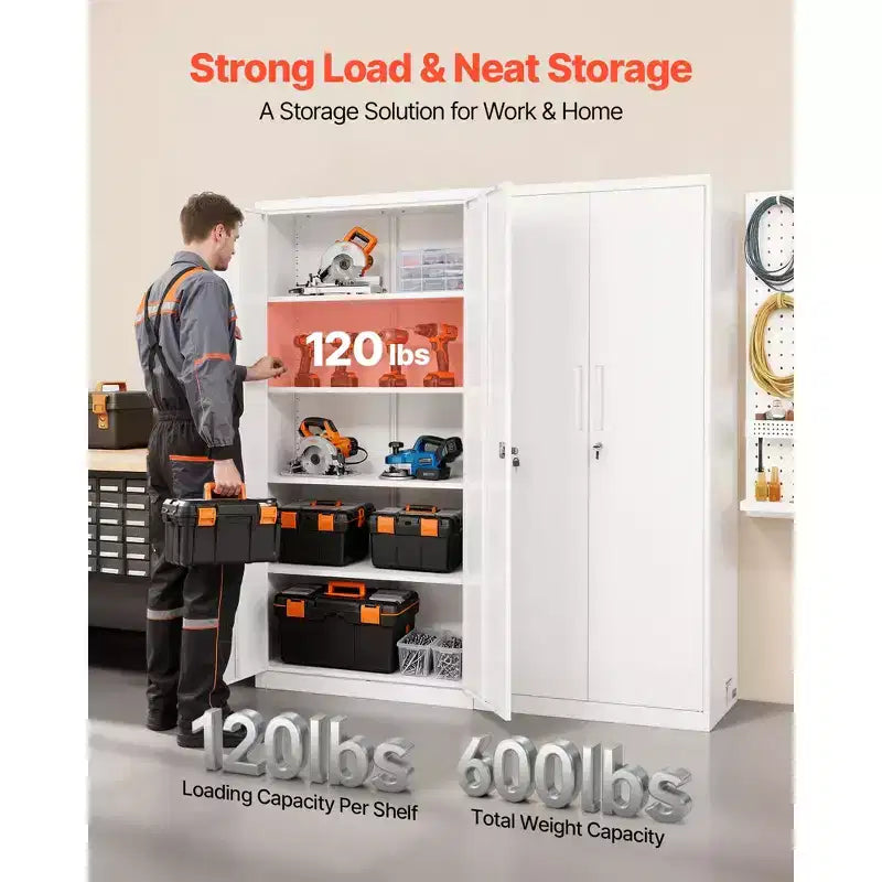 VEVOR Metal Storage Cabinet, 68.9 in Lockable Steel Garage Cabinet with 4 Adjustable Shelves, 2 Magnetic Doors, 2 Keys, 5 Tiers Tool Storage, White