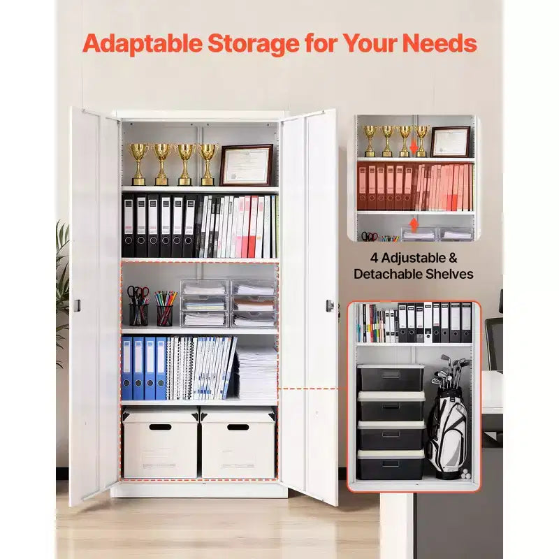 VEVOR Metal Storage Cabinet, 68.9 in Lockable Steel Garage Cabinet with 4 Adjustable Shelves, 2 Magnetic Doors, 2 Keys, 5 Tiers Tool Storage, White