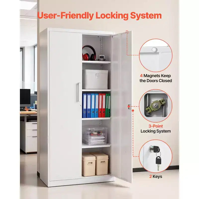 VEVOR Metal Storage Cabinet, 68.9 in Lockable Steel Garage Cabinet with 4 Adjustable Shelves, 2 Magnetic Doors, 2 Keys, 5 Tiers Tool Storage, White
