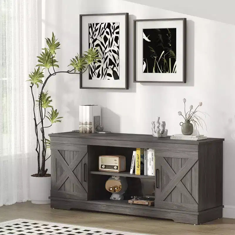 JIONJOY 58'' Modern Farmhouse TV Stand for TVs up to 65 - Natural Grey, 200 lbs Capacity, Adjustable Storage Shelves
