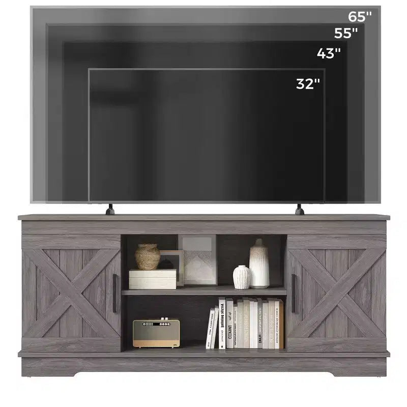 JIONJOY 58'' Modern Farmhouse TV Stand for TVs up to 65 - Natural Grey, 200 lbs Capacity, Adjustable Storage Shelves