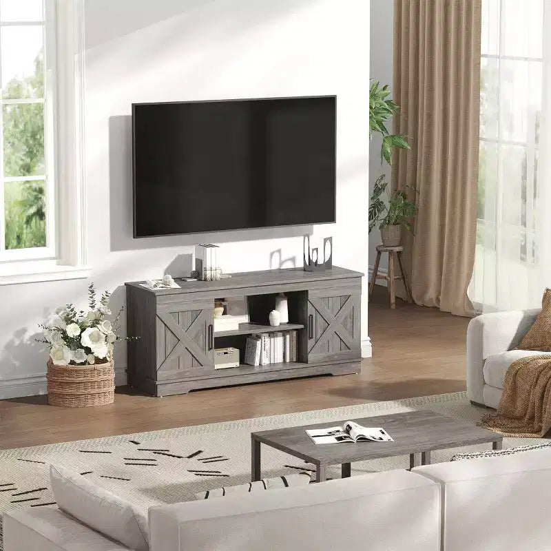 JIONJOY 58'' Modern Farmhouse TV Stand for TVs up to 65 - Natural Grey, 200 lbs Capacity, Adjustable Storage Shelves