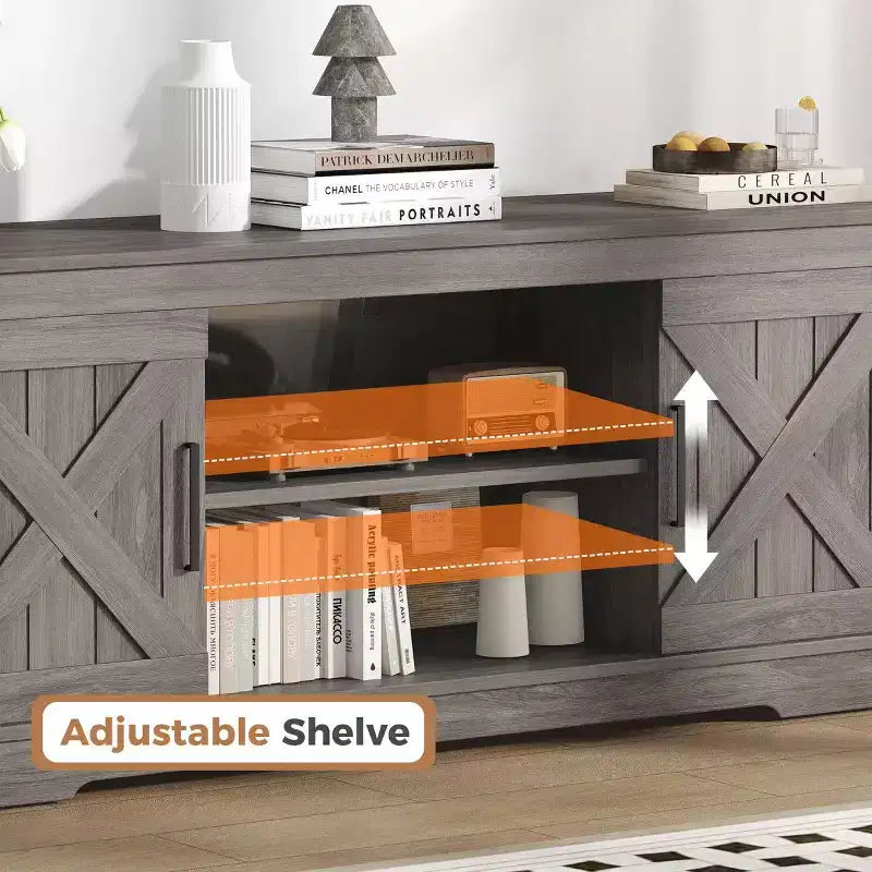 JIONJOY 58'' Modern Farmhouse TV Stand for TVs up to 65 - Natural Grey, 200 lbs Capacity, Adjustable Storage Shelves