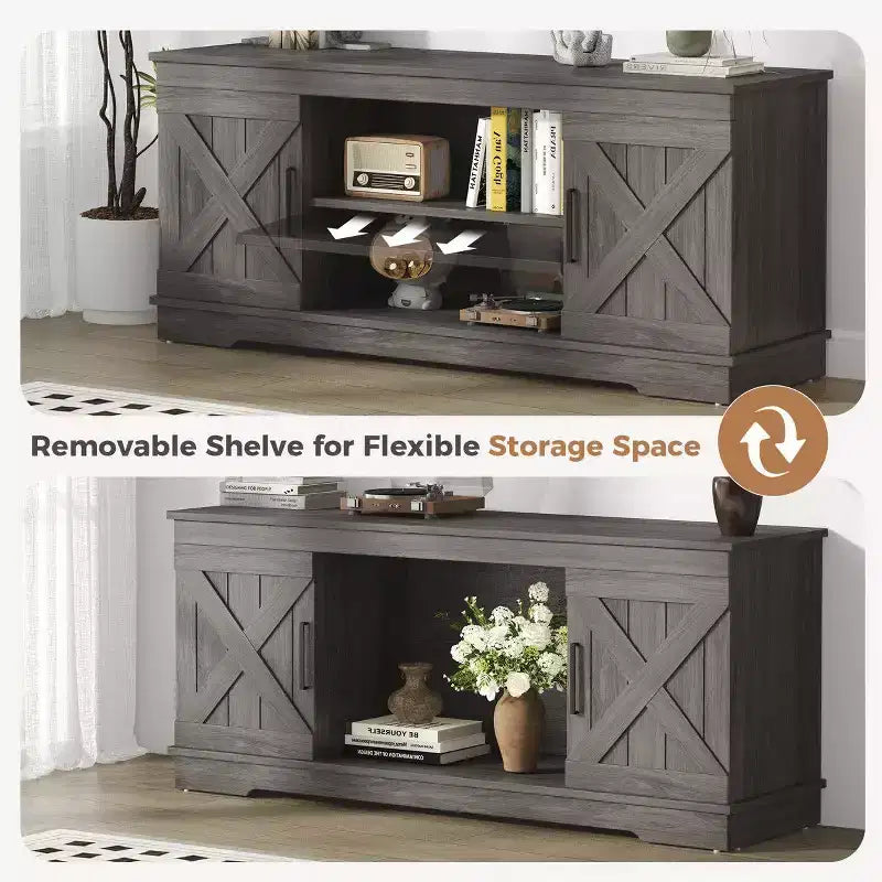 JIONJOY 58'' Modern Farmhouse TV Stand for TVs up to 65 - Natural Grey, 200 lbs Capacity, Adjustable Storage Shelves