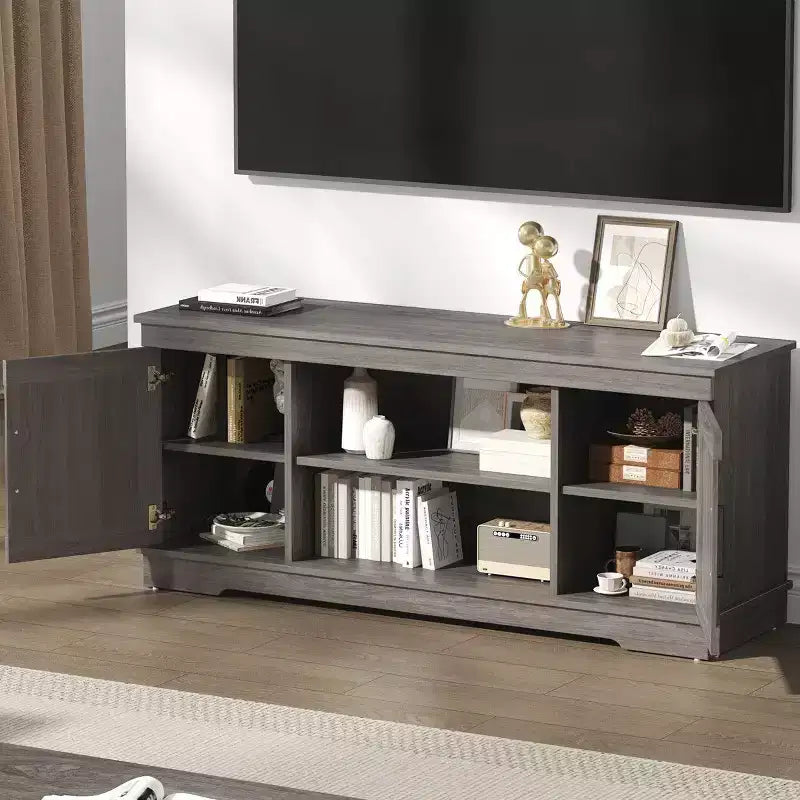 JIONJOY 58'' Modern Farmhouse TV Stand for TVs up to 65 - Natural Grey, 200 lbs Capacity, Adjustable Storage Shelves