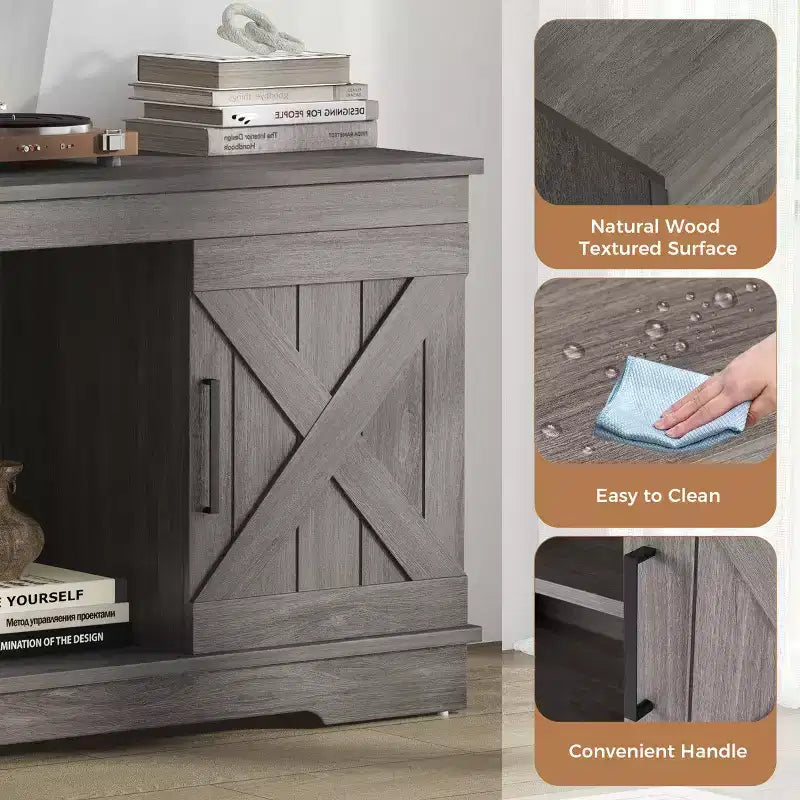 JIONJOY 58'' Modern Farmhouse TV Stand for TVs up to 65 - Natural Grey, 200 lbs Capacity, Adjustable Storage Shelves
