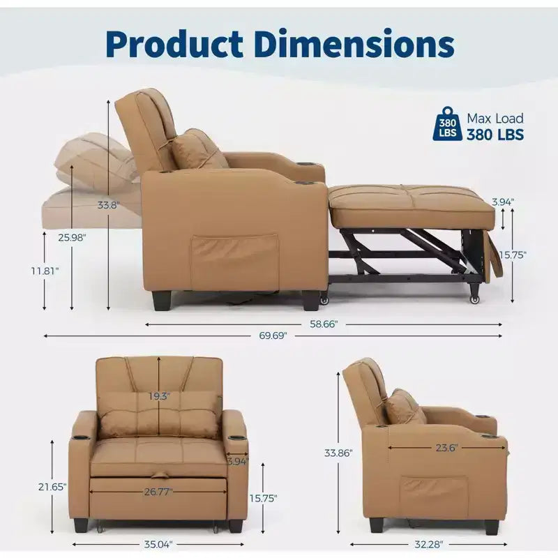 3-in-1 Convertible Sleeper Chair Bed with USB Ports, Cup Holders & Side Pockets - Pull-Out Sofa with Adjustable Backrest for Small Spaces