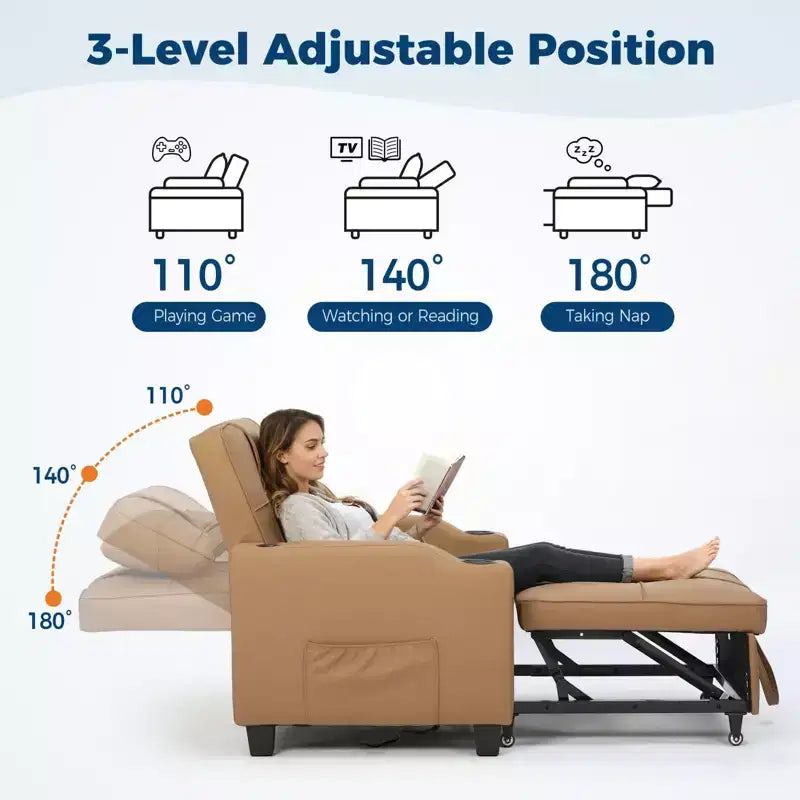 3-in-1 Convertible Sleeper Chair Bed with USB Ports, Cup Holders & Side Pockets - Pull-Out Sofa with Adjustable Backrest for Small Spaces