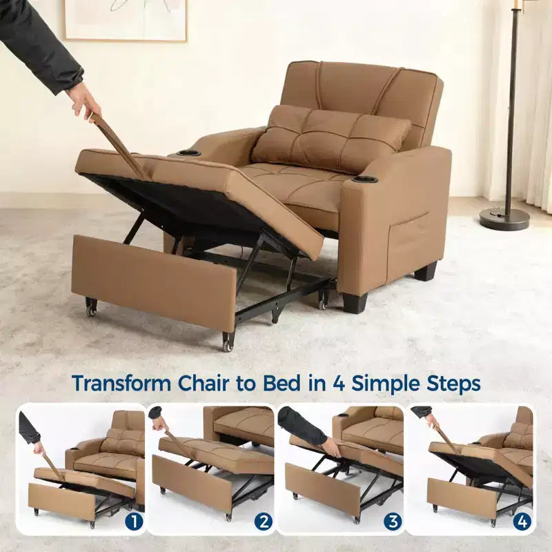 3-in-1 Convertible Sleeper Chair Bed with USB Ports, Cup Holders & Side Pockets - Pull-Out Sofa with Adjustable Backrest for Small Spaces