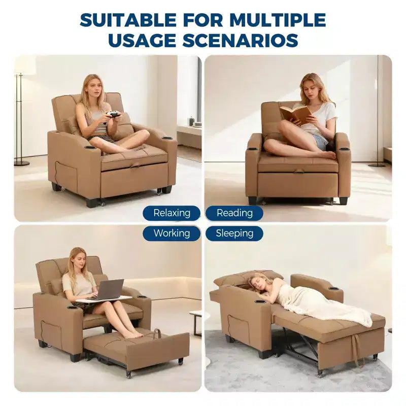 3-in-1 Convertible Sleeper Chair Bed with USB Ports, Cup Holders & Side Pockets - Pull-Out Sofa with Adjustable Backrest for Small Spaces