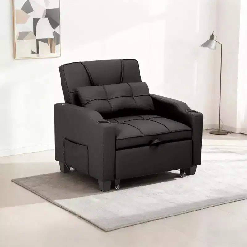 3-in-1 Convertible Sleeper Chair Bed with USB Ports, Cup Holders & Side Pockets - Pull-Out Sofa with Adjustable Backrest for Small Spaces