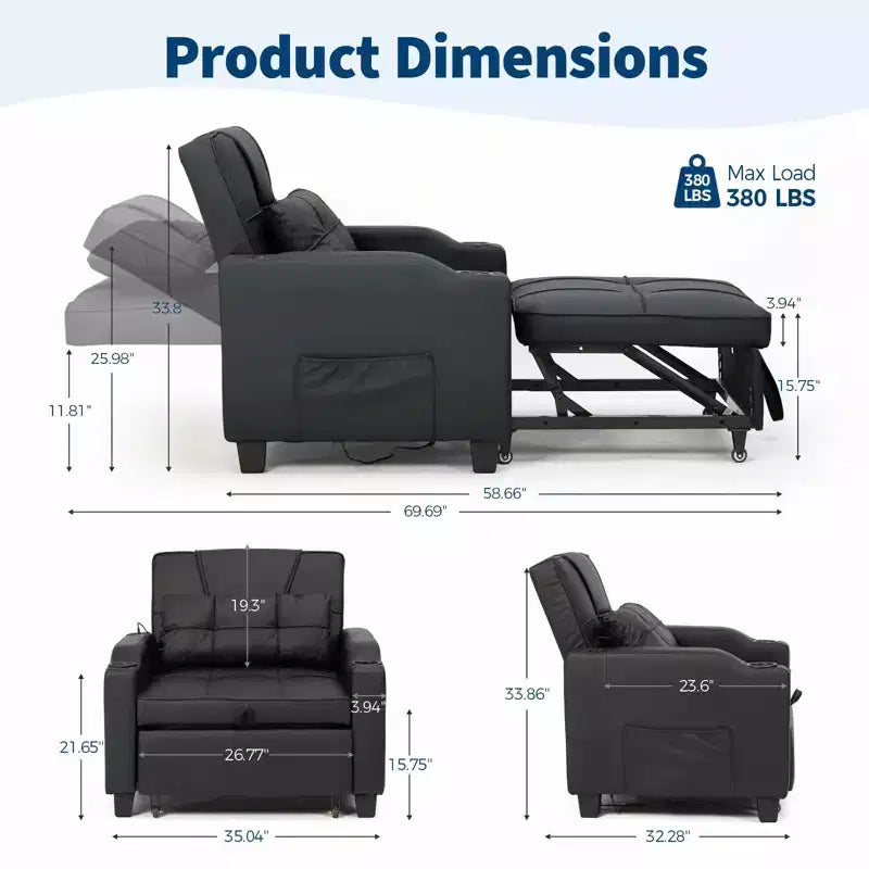 3-in-1 Convertible Sleeper Chair Bed with USB Ports, Cup Holders & Side Pockets - Pull-Out Sofa with Adjustable Backrest for Small Spaces
