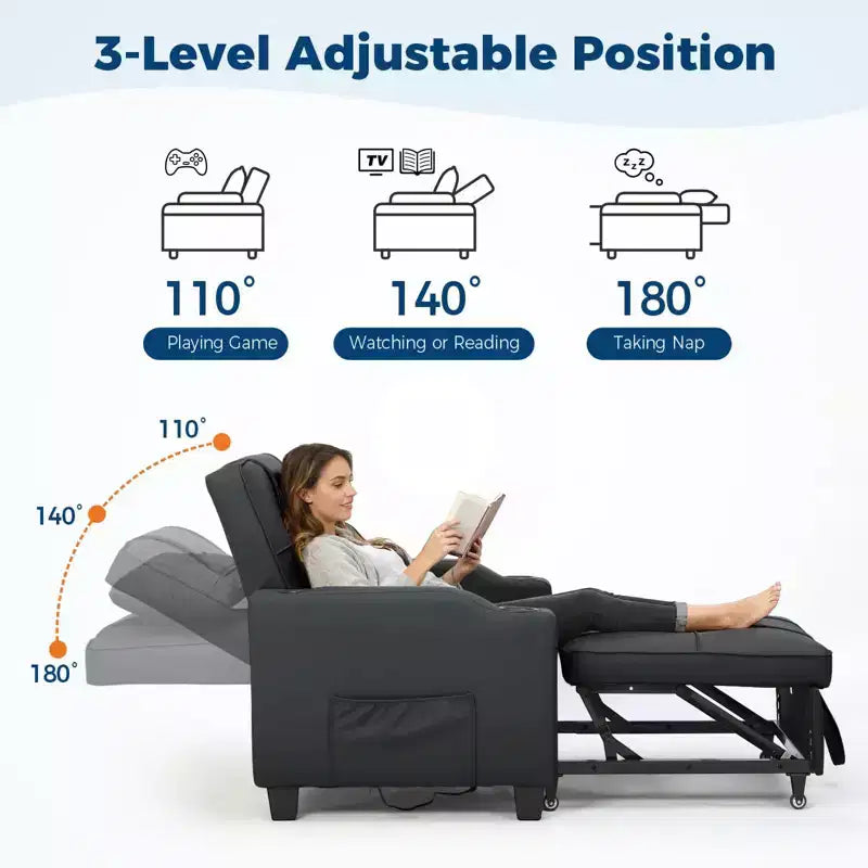 3-in-1 Convertible Sleeper Chair Bed with USB Ports, Cup Holders & Side Pockets - Pull-Out Sofa with Adjustable Backrest for Small Spaces
