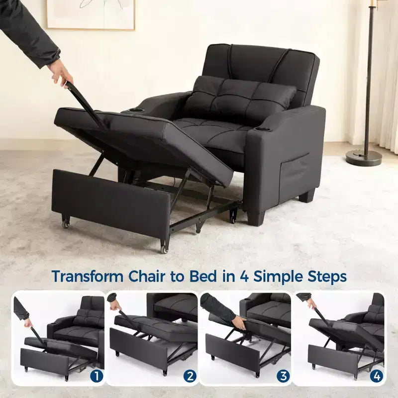 3-in-1 Convertible Sleeper Chair Bed with USB Ports, Cup Holders & Side Pockets - Pull-Out Sofa with Adjustable Backrest for Small Spaces