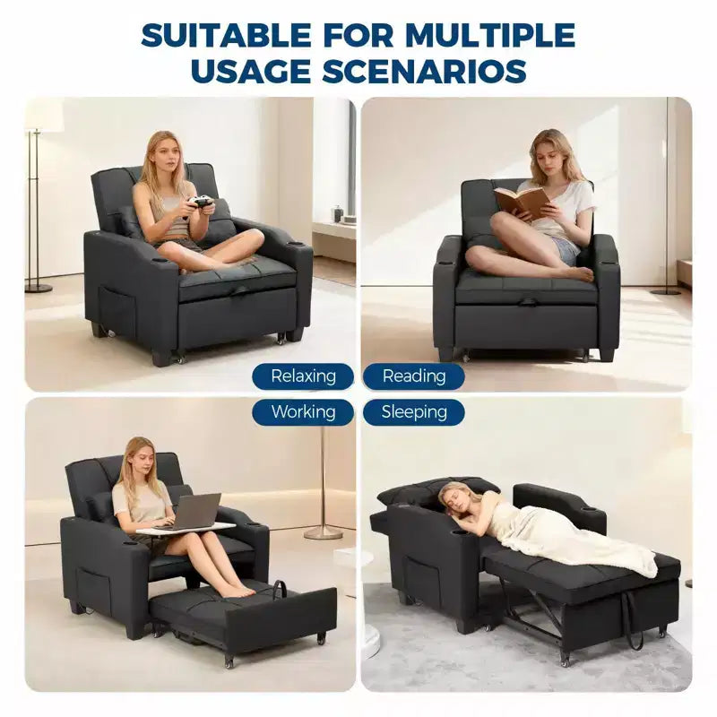 3-in-1 Convertible Sleeper Chair Bed with USB Ports, Cup Holders & Side Pockets - Pull-Out Sofa with Adjustable Backrest for Small Spaces