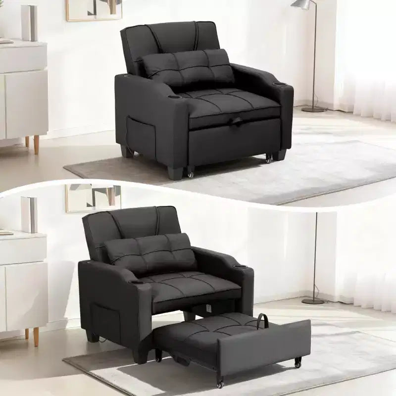3-in-1 Convertible Sleeper Chair Bed with USB Ports, Cup Holders & Side Pockets - Pull-Out Sofa with Adjustable Backrest for Small Spaces