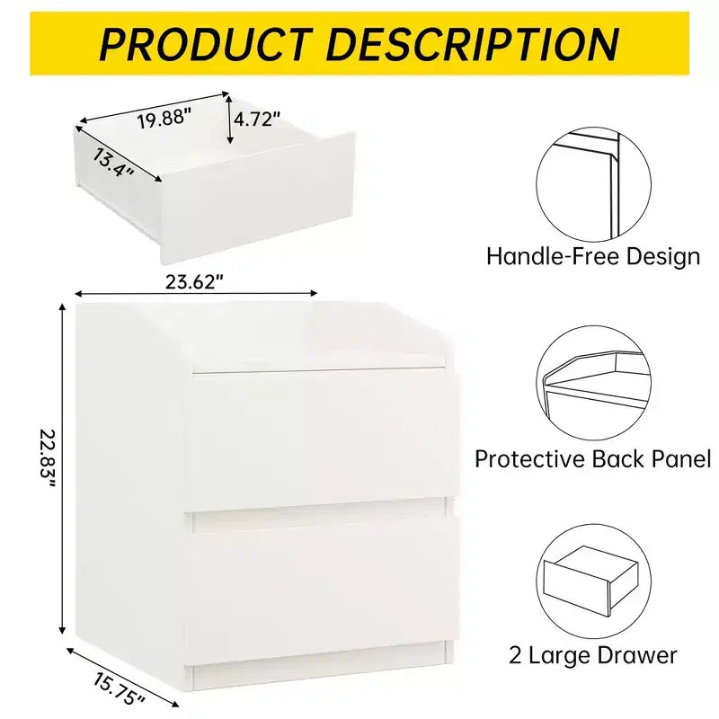 Nightstand, Modern Bed Side Table, 2 Drawer, Handle-Free Design, for Living Room