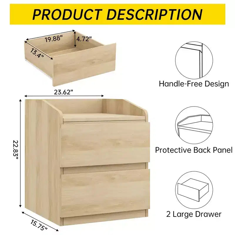 Nightstand, Modern Bed Side Table, 2 Drawer, Handle-Free Design, for Living Room