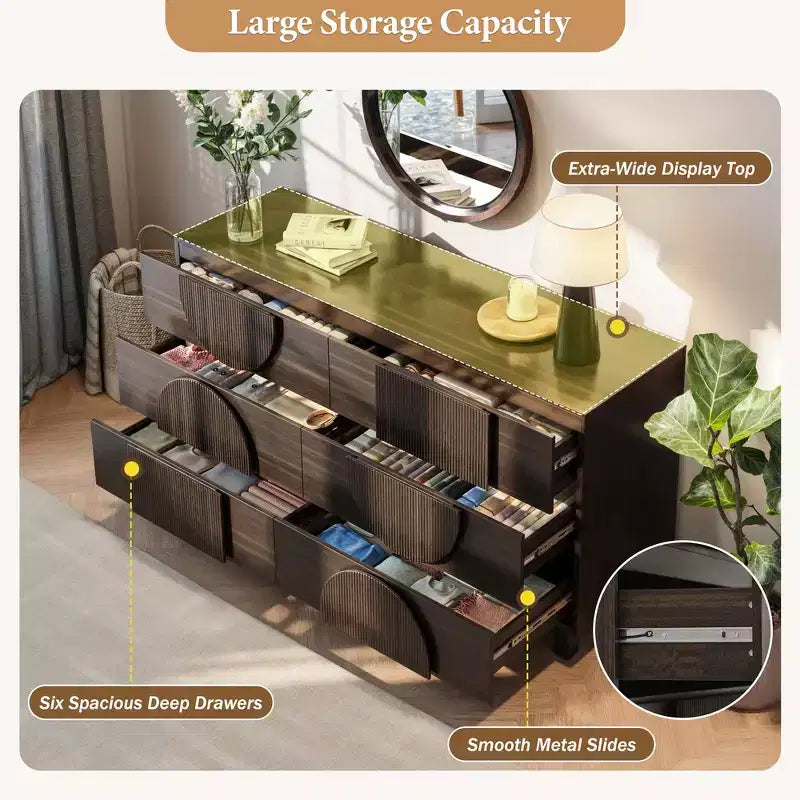 Whisen 6-Drawer Modern Geometric Dresser, Half-Circle Accent Wide Storage Chest for Bedroom & Living Room