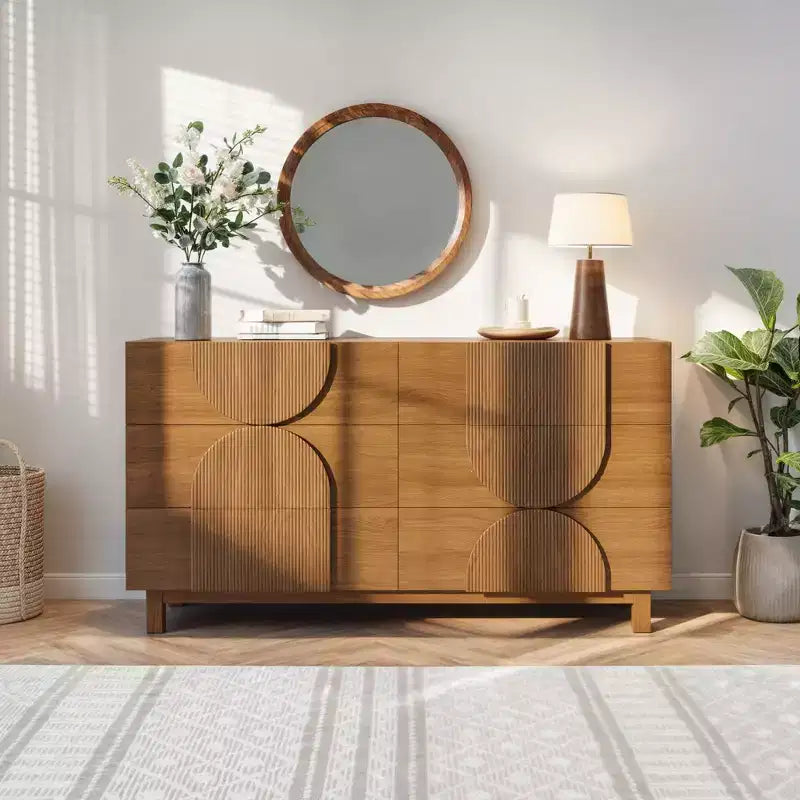 Whisen 6-Drawer Modern Geometric Dresser, Half-Circle Accent Wide Storage Chest for Bedroom & Living Room