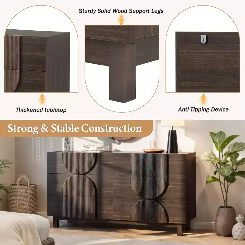 Whisen 6-Drawer Modern Geometric Dresser, Half-Circle Accent Wide Storage Chest for Bedroom & Living Room