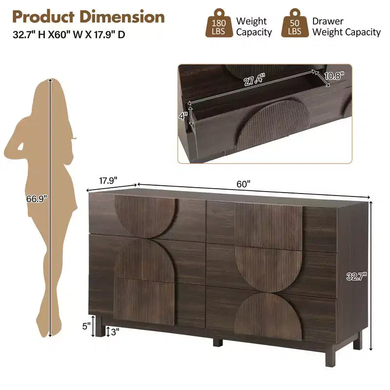 Whisen 6-Drawer Modern Geometric Dresser, Half-Circle Accent Wide Storage Chest for Bedroom & Living Room