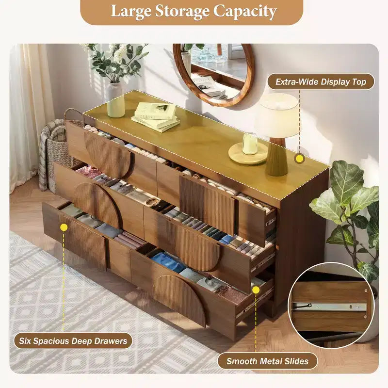 Whisen 6-Drawer Modern Geometric Dresser, Half-Circle Accent Wide Storage Chest for Bedroom & Living Room
