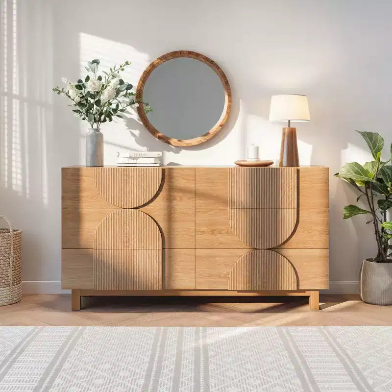 Whisen 6-Drawer Modern Geometric Dresser, Half-Circle Accent Wide Storage Chest for Bedroom & Living Room
