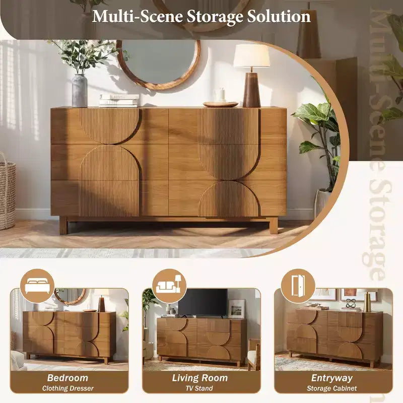Whisen 6-Drawer Modern Geometric Dresser, Half-Circle Accent Wide Storage Chest for Bedroom & Living Room