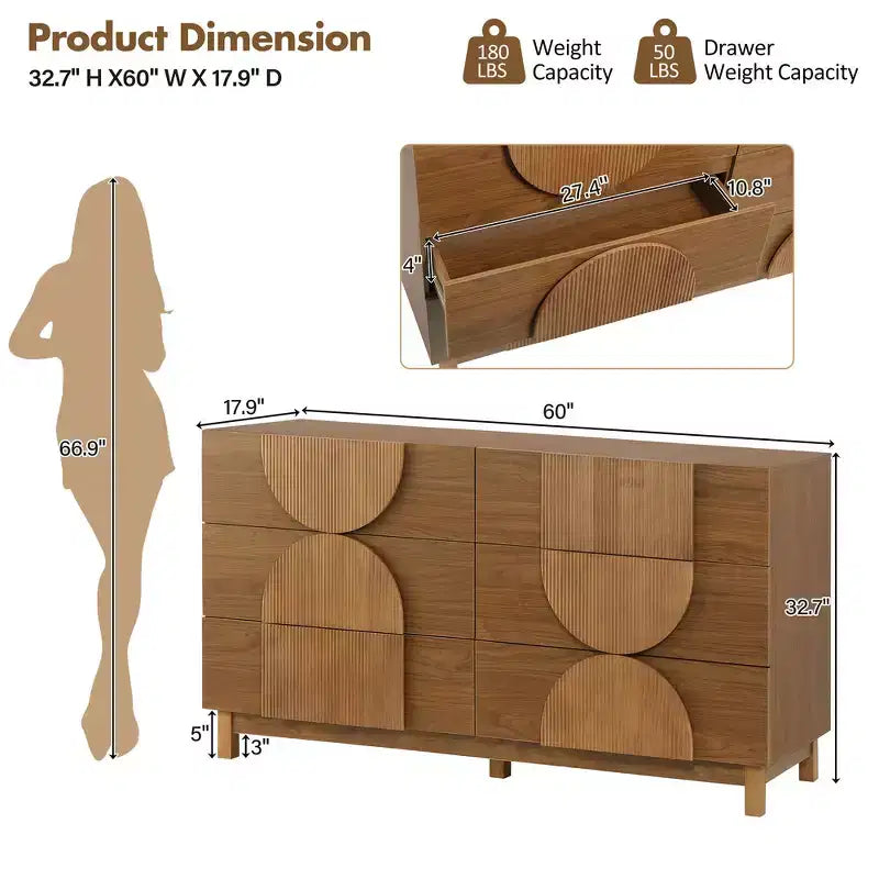 Whisen 6-Drawer Modern Geometric Dresser, Half-Circle Accent Wide Storage Chest for Bedroom & Living Room