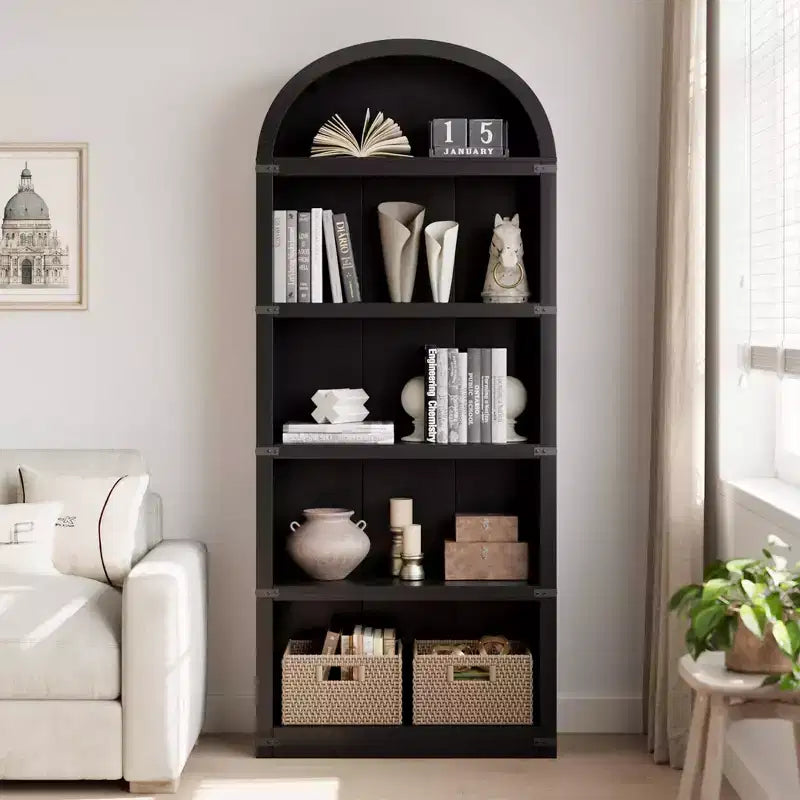 Bookcase 5 Shelf Arched Bookshelf 71.65 in Tall Bookcase Farmhouse Display Storage Rack Wooden Bookshelves for Home Office, Living Room