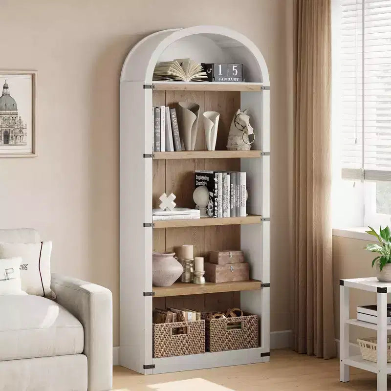 Bookcase 5 Shelf Arched Bookshelf 71.65 in Tall Bookcase Farmhouse Display Storage Rack Wooden Bookshelves for Home Office, Living Room